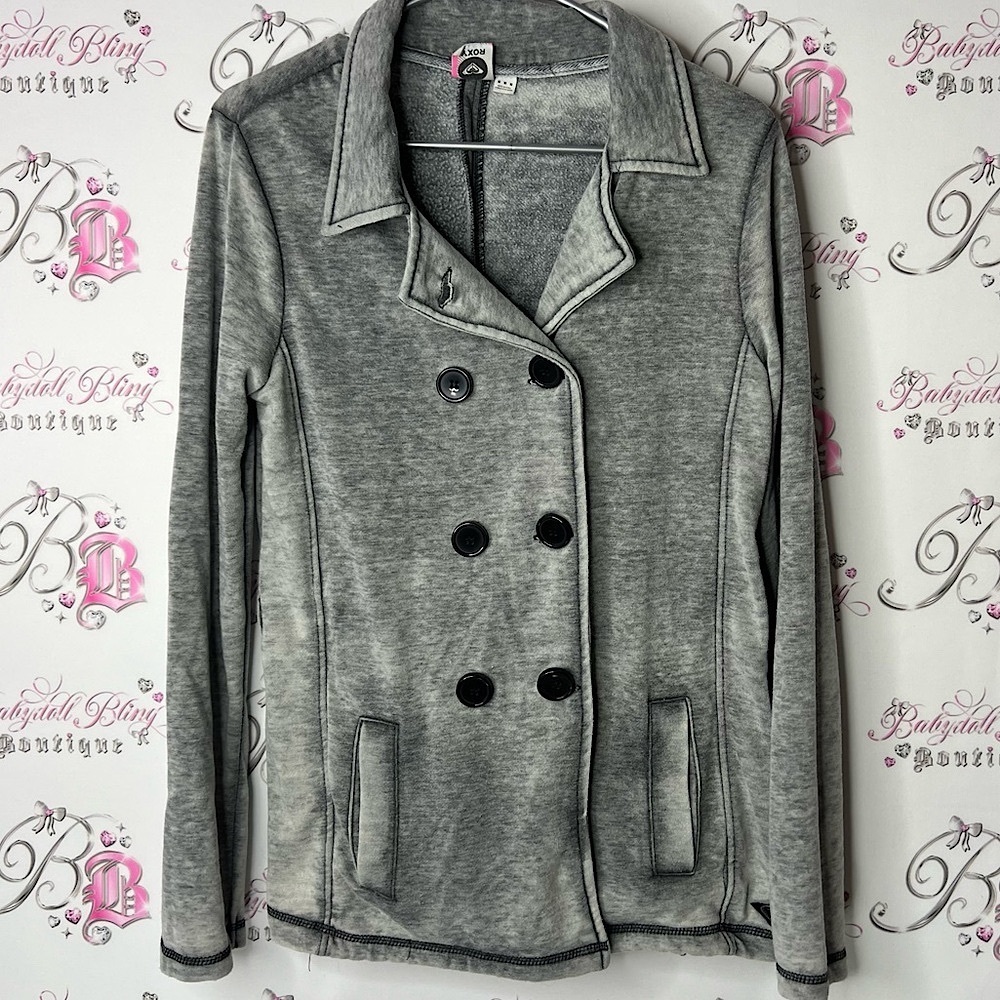 Roxy coat jacket sweater cardigan grey distressed Double-Breasted Pea Coat